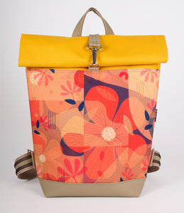 Bardo roll backpack - Orange flowers - Premium Bardo backpack from BARDO ART WORKS - Just lvabstract, art, backpack, dark blue, gift, green, handemade, orange, purple, red, tablet, urban style, vegan leather, woman, yellow89! Shop now at BARDO ART WORKS