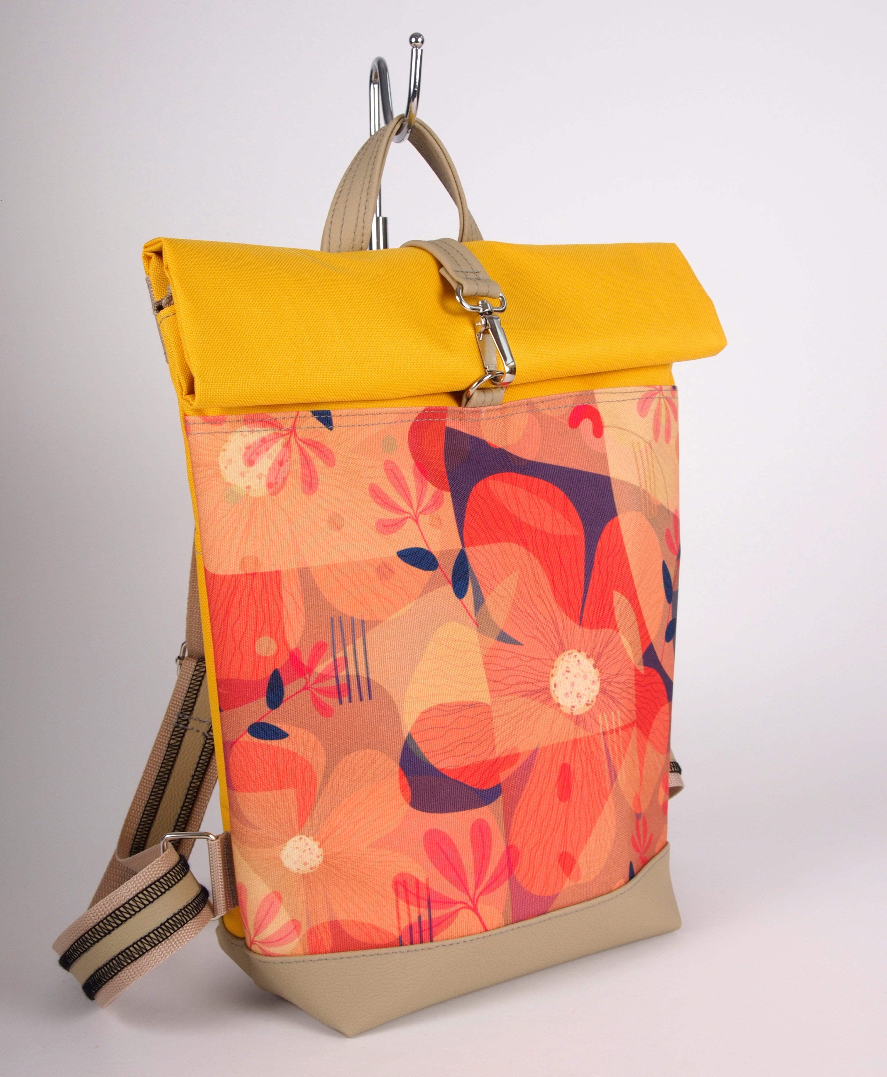 Bardo roll backpack - Orange flowers - Premium Bardo backpack from BARDO ART WORKS - Just lvabstract, art, backpack, dark blue, gift, green, handemade, orange, purple, red, tablet, urban style, vegan leather, woman, yellow89! Shop now at BARDO ART WORKS