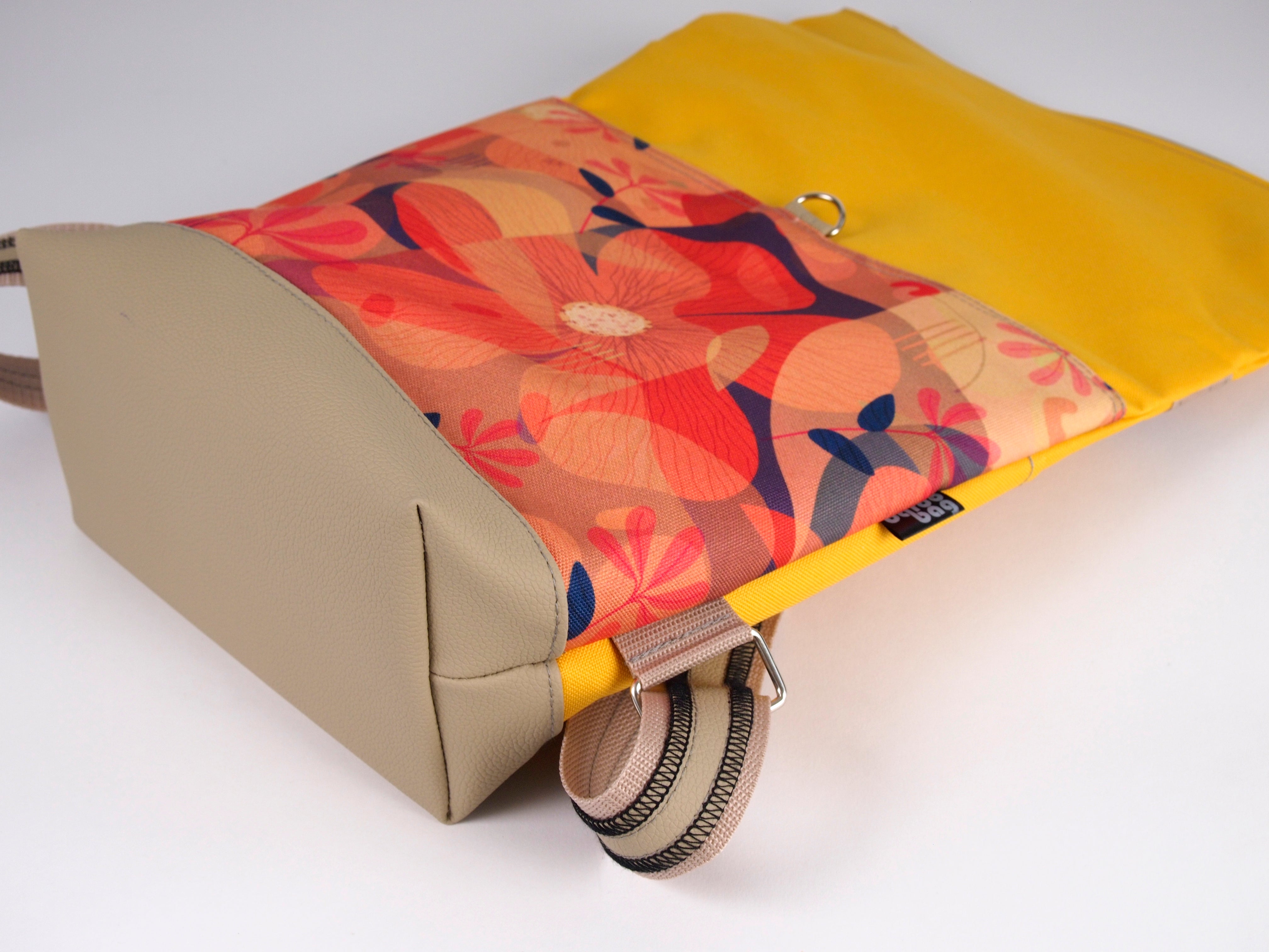 Bardo roll backpack - Orange flowers - Premium Bardo backpack from BARDO ART WORKS - Just lvabstract, art, backpack, dark blue, gift, green, handemade, orange, purple, red, tablet, urban style, vegan leather, woman, yellow89! Shop now at BARDO ART WORKS