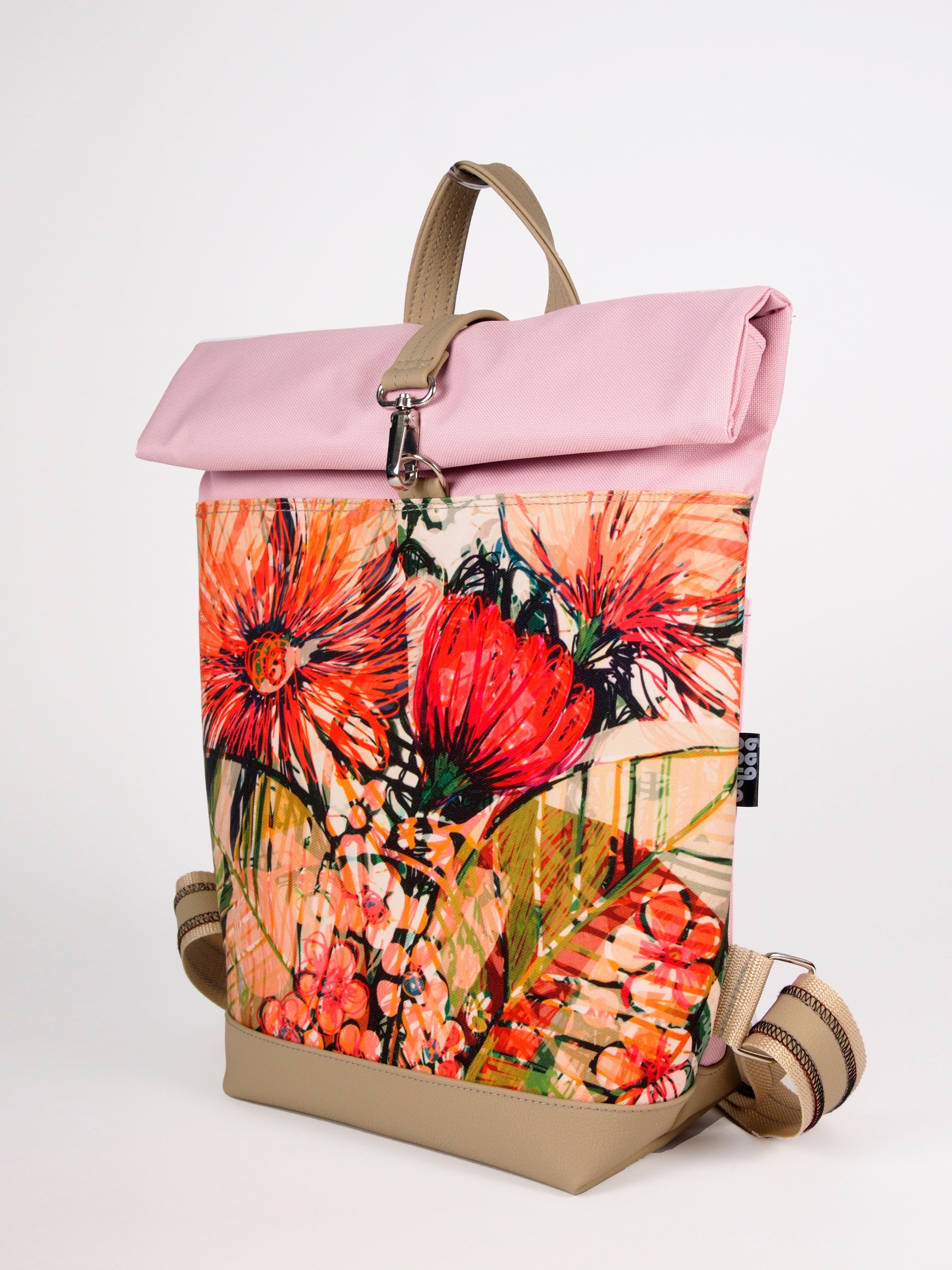 Bardo roll backpack - Fragrant garden - Premium Bardo backpack from BARDO ART WORKS - Just lvabstract, art, backpack, flowers, gift, green, handemade, orange, ping, purple, red, tablet, urban style, vegan leather, woman, yellow75! Shop now at BARDO ART WORKS