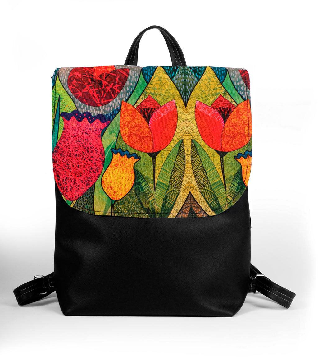 Bardo backpack large - Fairy garden - Premium backpack large from BARDO ART WORKS - Just lvdark green, flowers, forest, gift, handemade, lotos, nature, painted patterns, red, tablet, urban style, vegan leather, woman89.00! Shop now at BARDO ART WORKS
