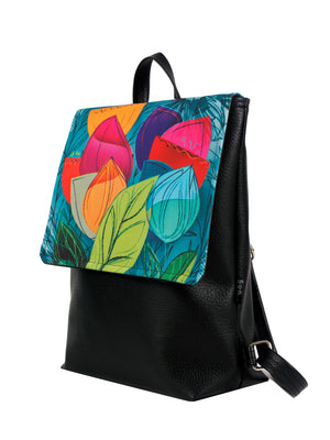 Bardo backpack large - Forest flowers - Premium backpack large from BARDO ART WORKS - Just lvdark green, flowers, forest, gift, handemade, lotos, nature, painted patterns, red, tablet, urban style, vegan leather, woman89.00! Shop now at BARDO ART WORKS