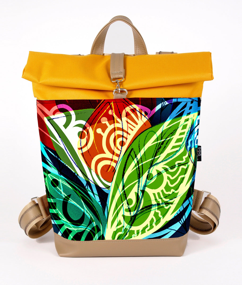 Bardo roll backpack - Awakening - Premium Bardo backpack from BARDO ART WORKS - Just lvabstract, art, backpack, dark blue, gift, green, handemade, jazz, leaves, orange, purple, red, tablet, urban style, vegan leather, woman85.00! Shop now at BARDO ART WORKS