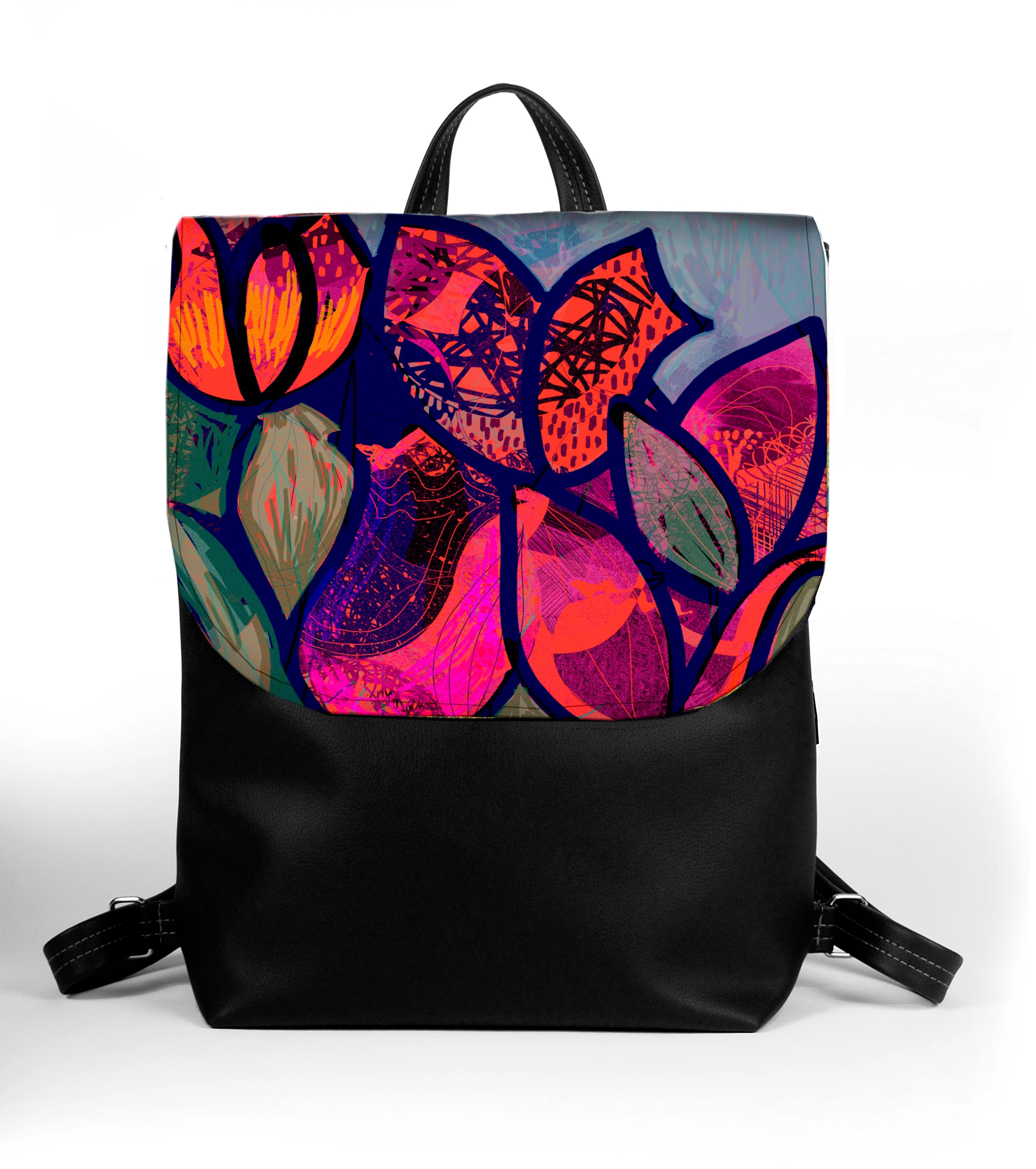 Bardo backpack large - Garden - Premium backpack large from BARDO ART WORKS - Just lvdark green, flowers, forest, garden, gift, handemade, nature, painted patterns, red, tablet, tulip, urban style, vegan leather, woman89.00! Shop now at BARDO ART WORKS