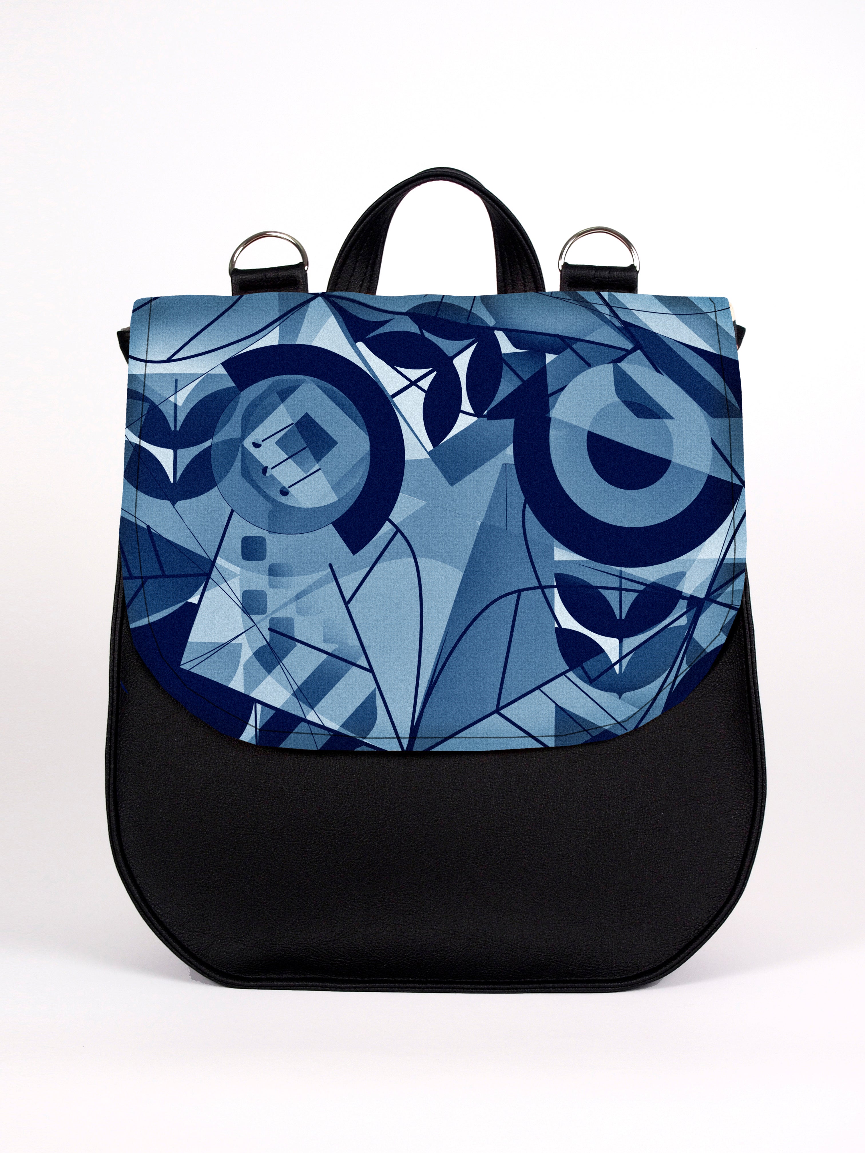 Bardo backpack&bag - Geometric flowers in blue - Premium bardo backpack&bag from BARDO ART WORKS - Just lvart bag, backpack, bag, black, floral, flowers, gift, green, handemade, messenger, nature, red, urban style, vegan leather, woman85.00! Shop now at BARDO ART WORKS